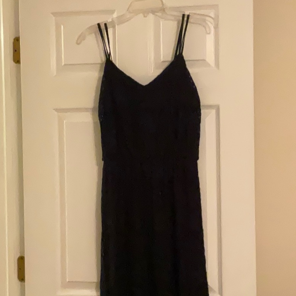Vince Camaro lace spaghetti strap long dress, navy with knee length underskirt.
